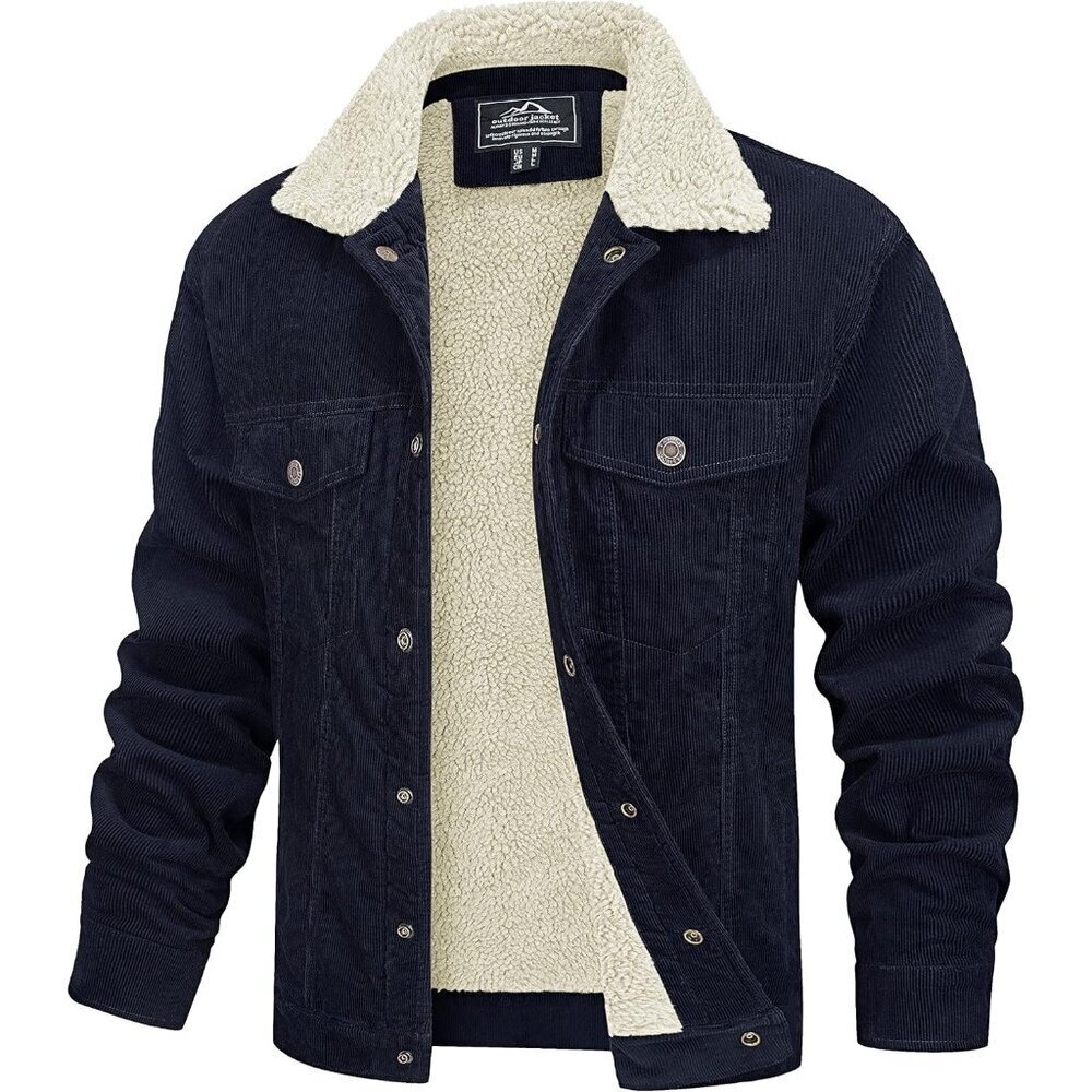 Mens Navy  Corduroy Jacket Sherpa Lined Warm Winter Trucker Cargo Coat